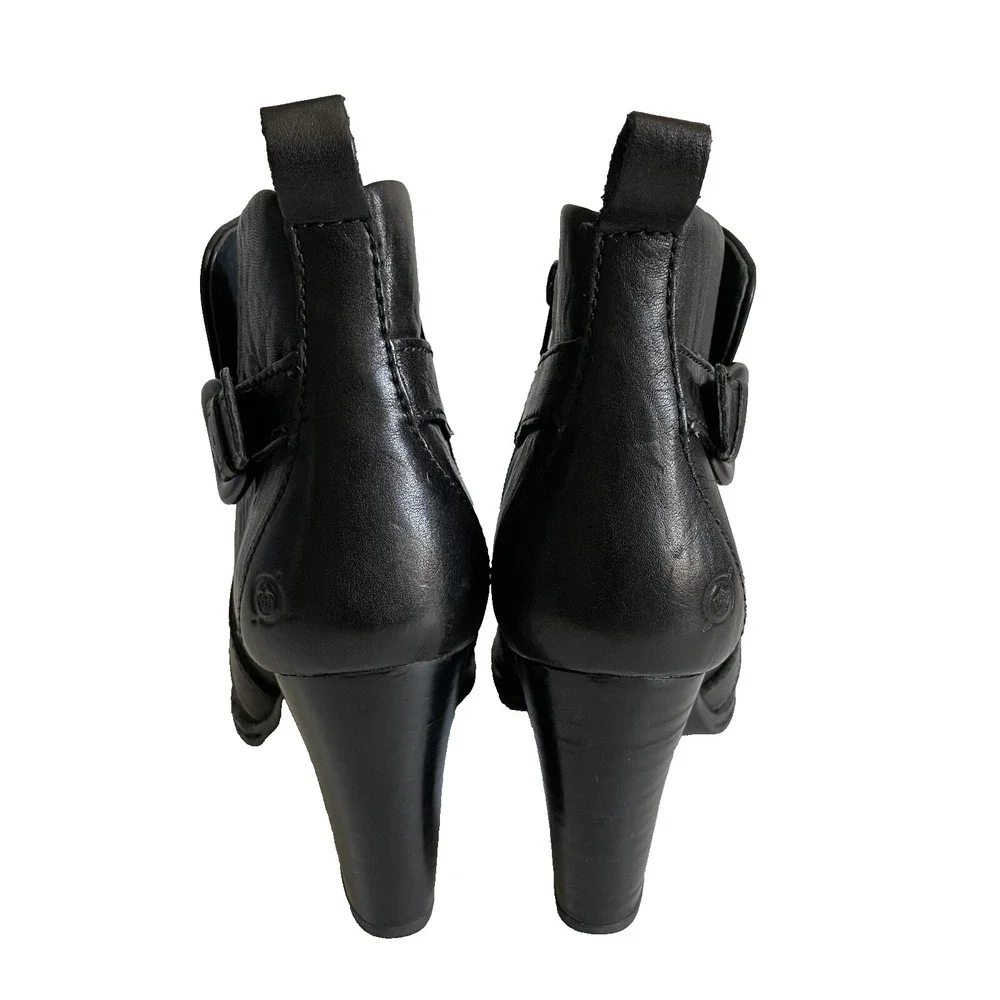 Born Women's Black Leather Boots Buckle Stack Heels Side Zip‎ W31647, Size 7.5